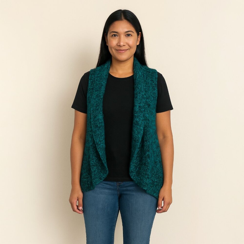 Chico’s Wool Blend Sweater Vest Emerald Green and Black Medium 8/10